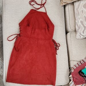 Elegant Rust Color Halter Dress, Medium, Suede Like Material